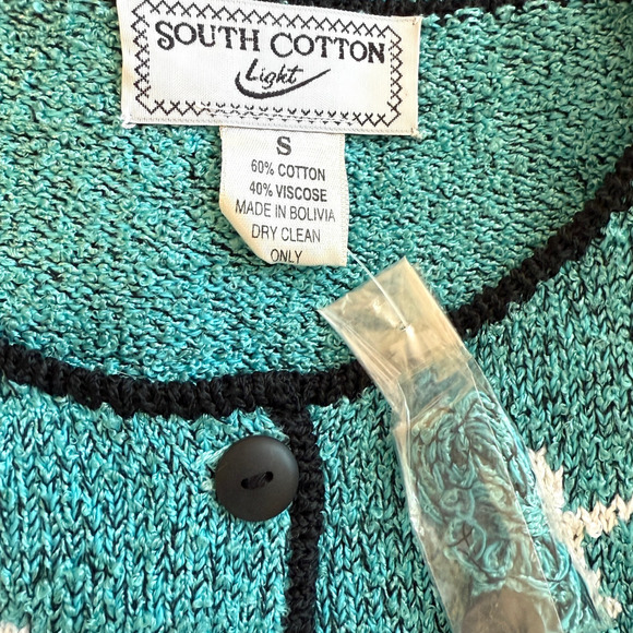 Vintage South Cotton Light 80s Cat Button Front Cardigan In Teal Size Small New - Picture 11 of 11